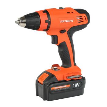 Дрель-шуруповерт аккумуляторная PATRIOT BR 180, две батареи NiCd,18V,1.5 Ah, 39 Нм, большой кейс, за